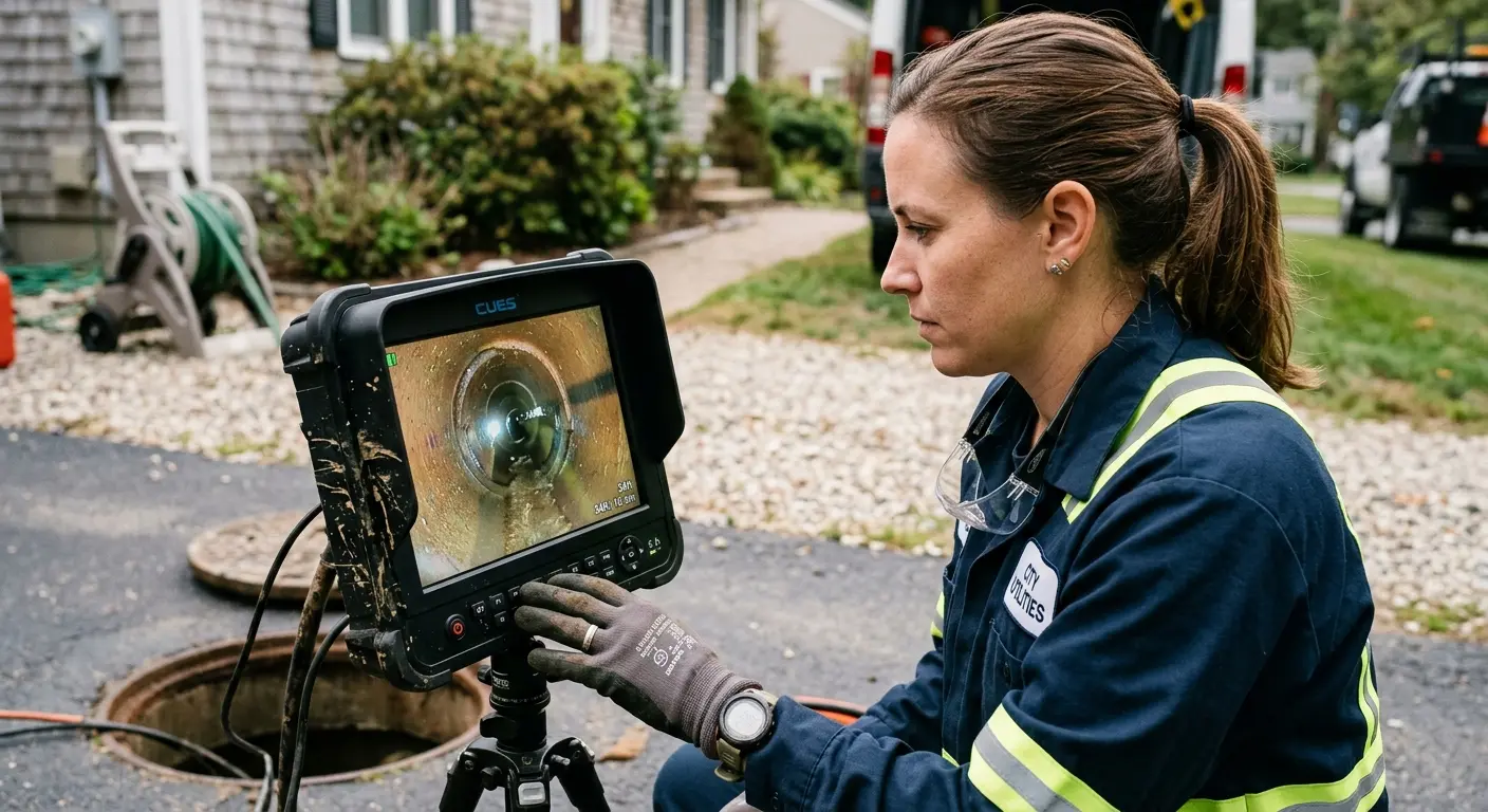 Technician reviewing sewer camera inspection footage in Greenbelt