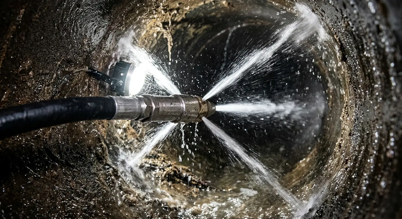 High-pressure hydro jetting nozzle cleaning sewer pipe for Trenchless Sewer Repair in Greenbelt