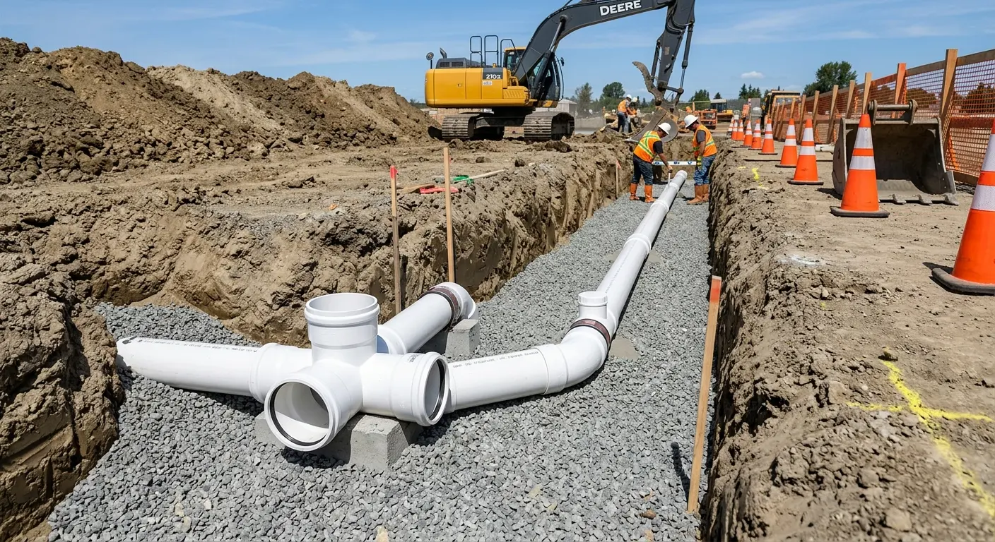 New PVC sewer pipe installation in open trench for Commercial Drain Cleaning in Greenbelt