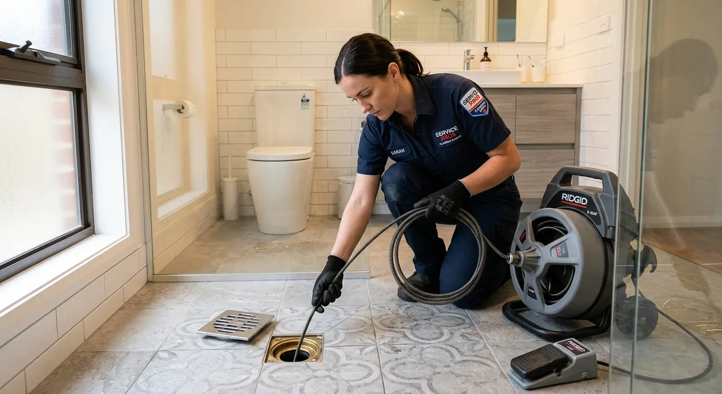 Technician clearing a bathroom floor drain for Clogged Drain Repair in Greenbelt